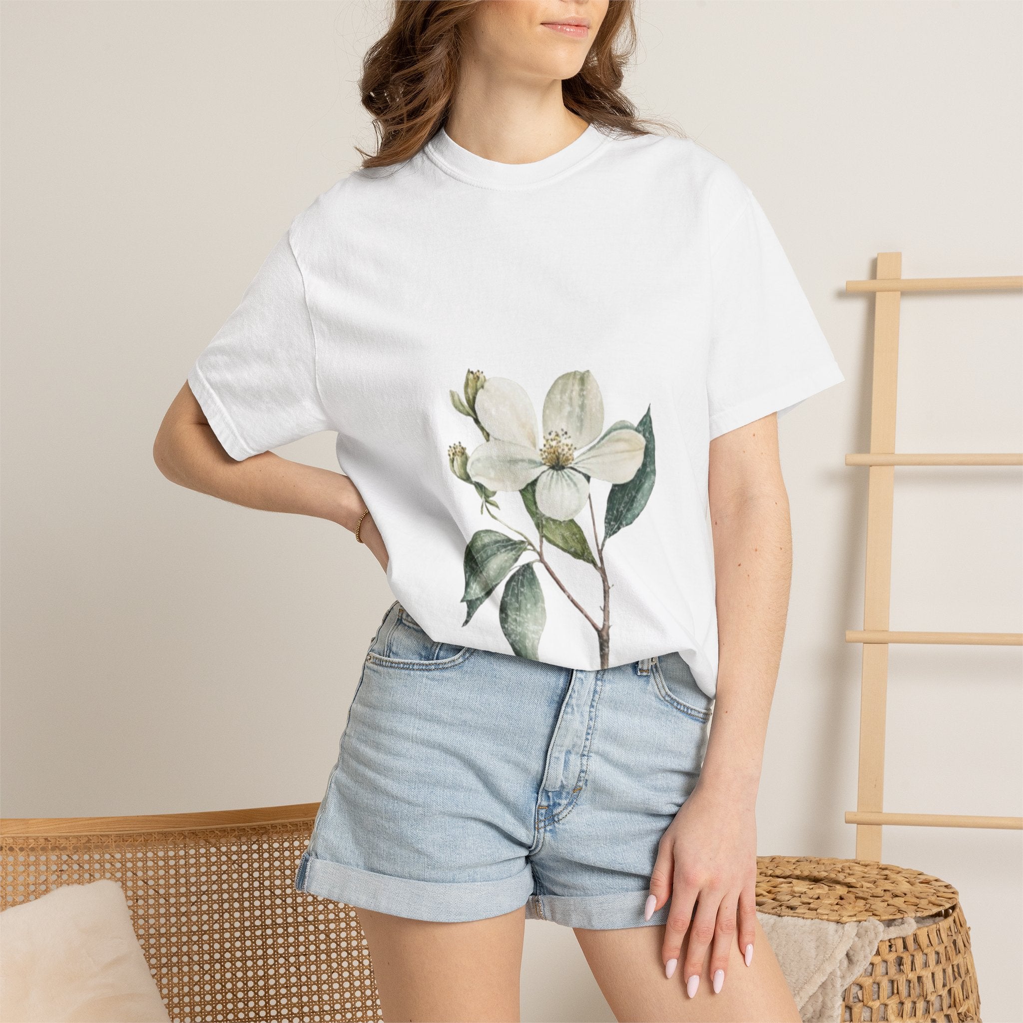 Floral Dogwood Tee — White Botanical Graphic T-Shirt