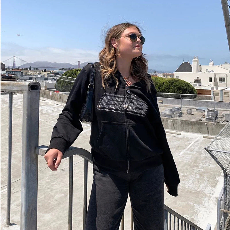 Letter Rhinestone Zip Hoodie — Fleece Lined Streetwear