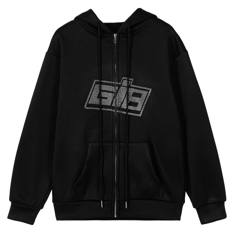 Letter Rhinestone Zip Hoodie — Fleece Lined Streetwear