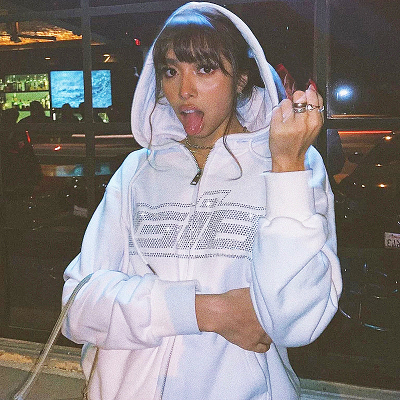 Letter Rhinestone Zip Hoodie — Fleece Lined Streetwear