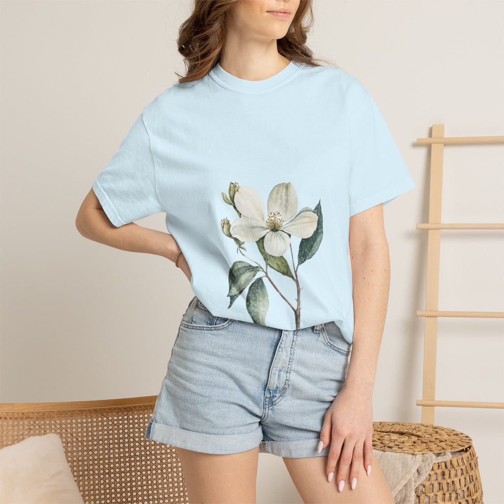 Floral Dogwood Tee — White Botanical Graphic T-Shirt