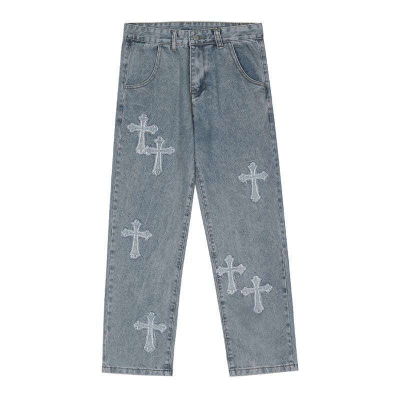 Cross Patch Wide-Leg Jeans — Hip-Hop Loose Fit