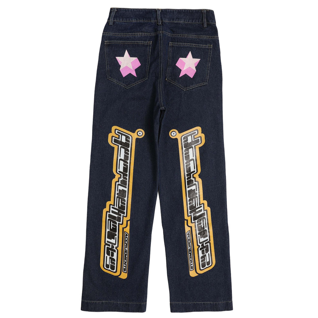 Star Letter Print Wide-Leg Jeans — Unisex High Street
