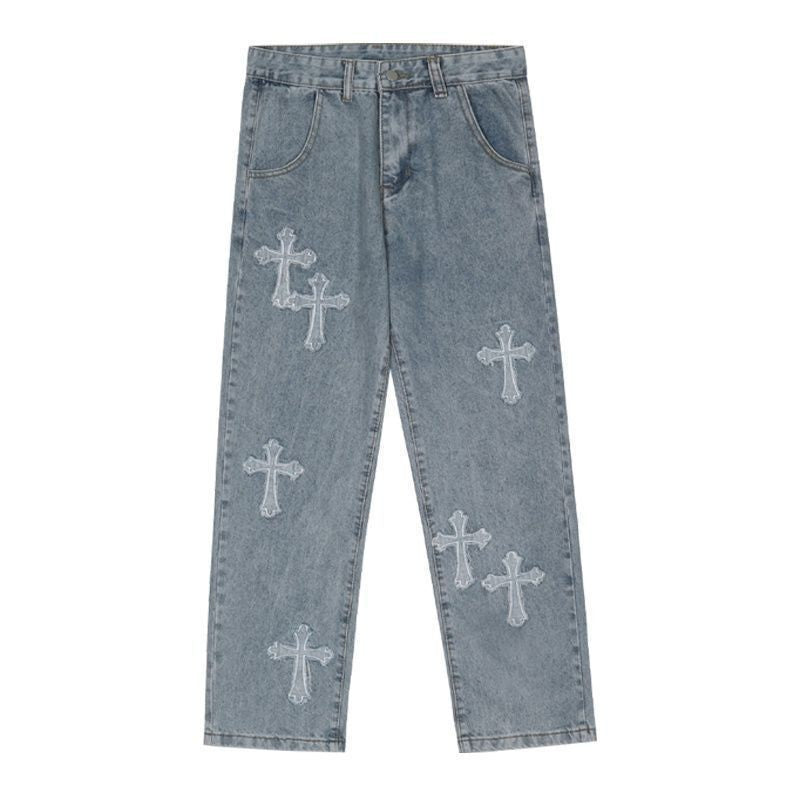 Cross Patch Wide-Leg Jeans — Hip-Hop Loose Fit