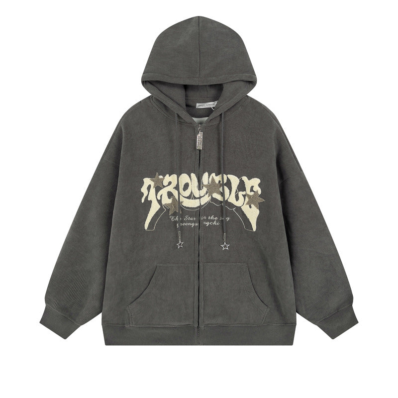 Letter Flocking Zip Hoodie — Unisex Loose Fit