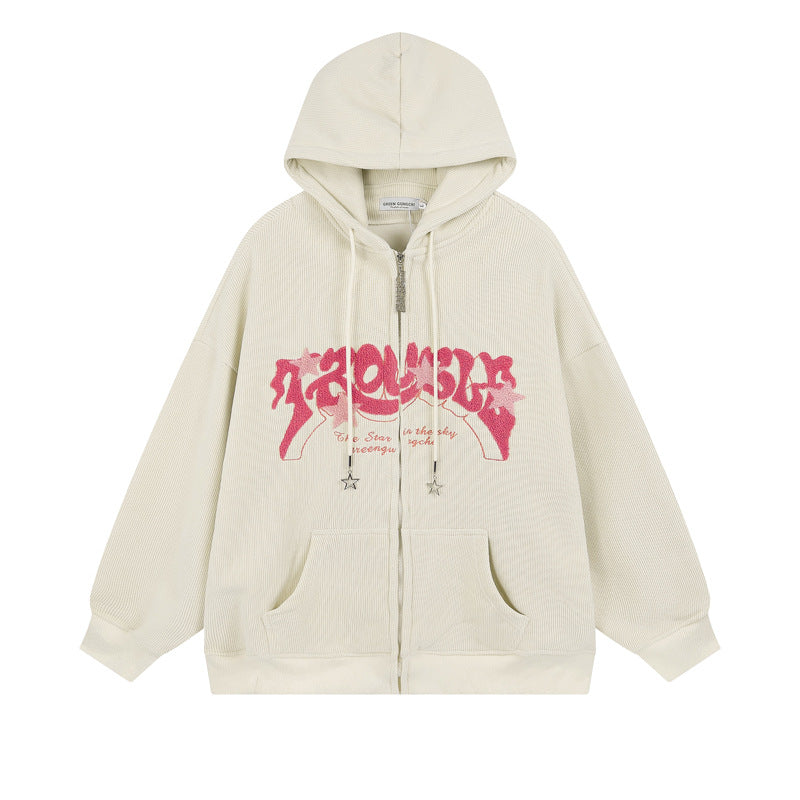 Letter Flocking Zip Hoodie — Unisex Loose Fit