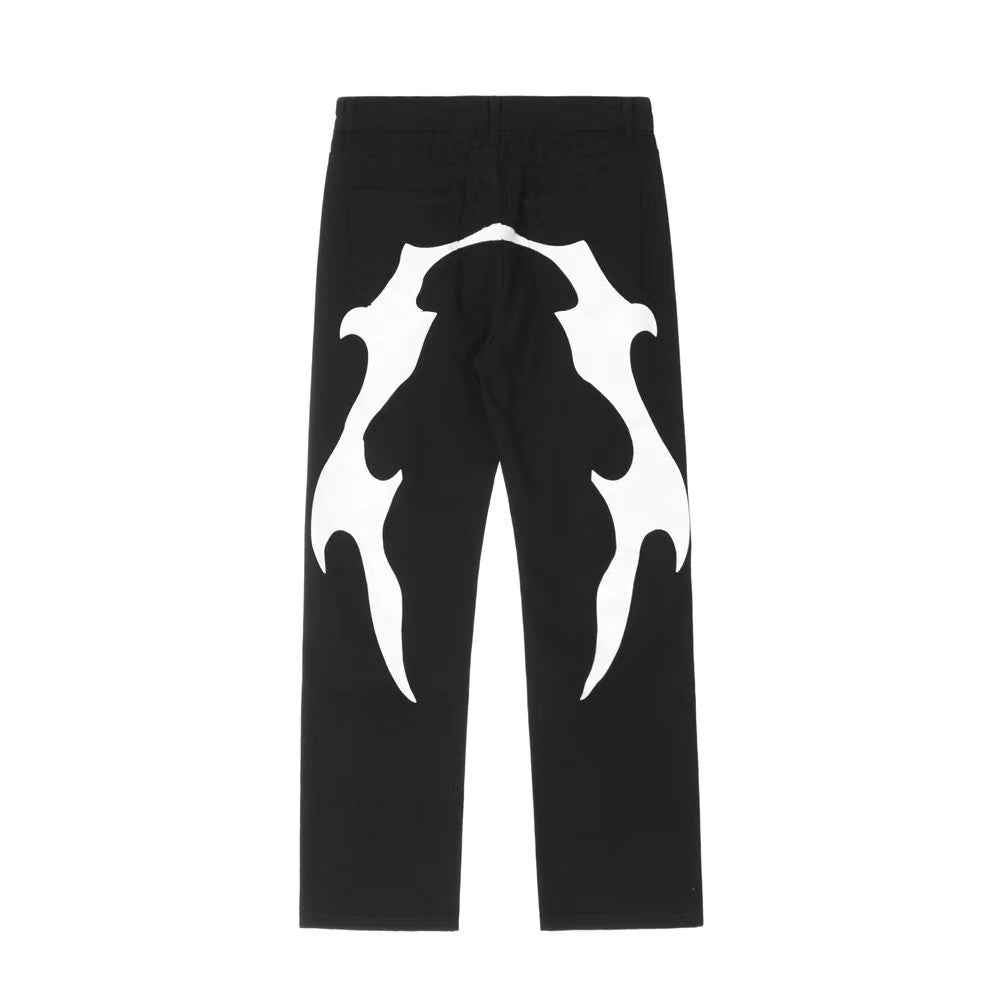 Hip-Hop Print Straight-Leg Jeans — Dark Loose Fit