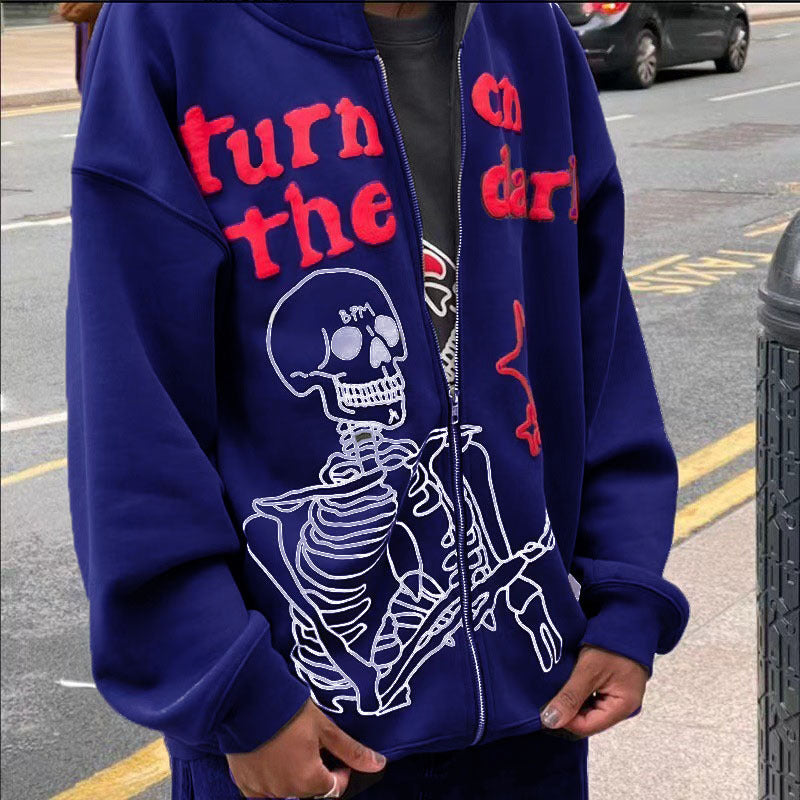 Printed Zip Fleece Hoodie — Unisex Loose Fit
