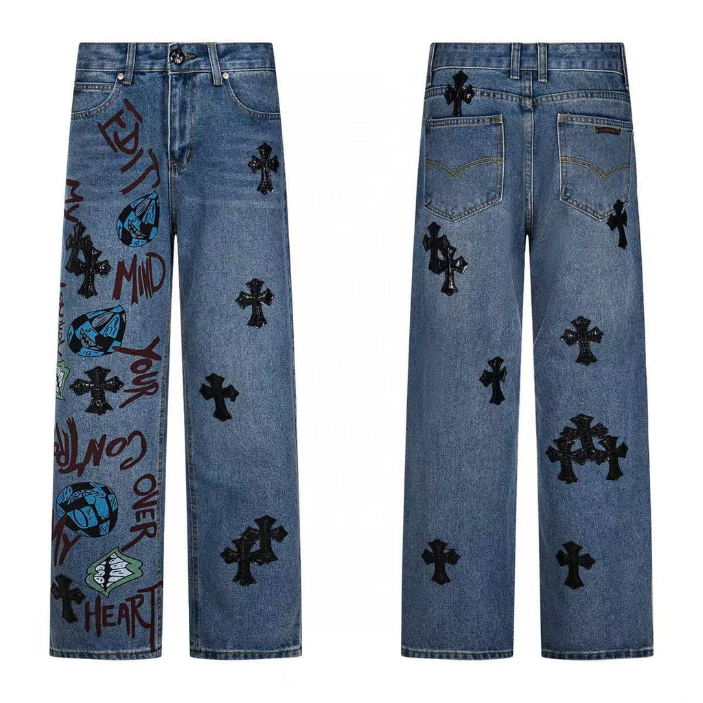 Chrome Cross Label Washed Jeans — Couple Loose Fit