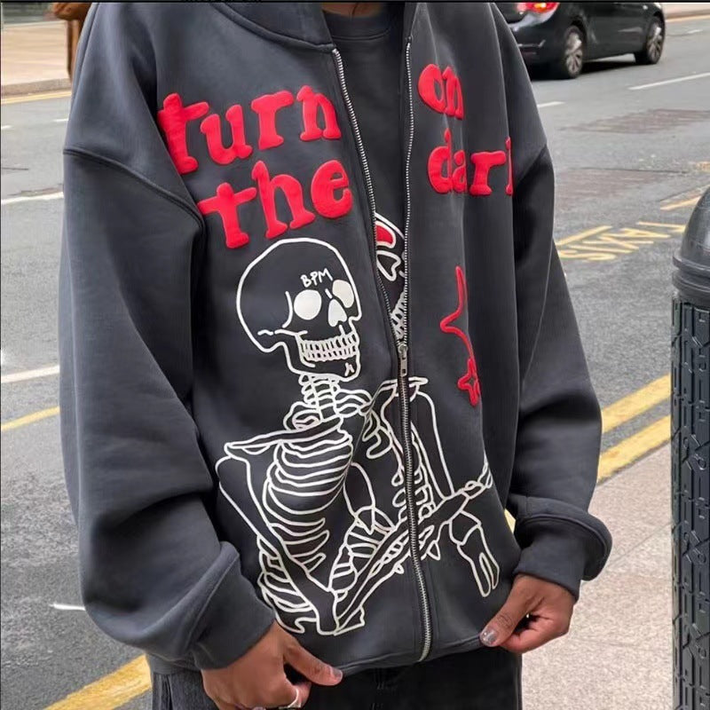Printed Zip Fleece Hoodie — Unisex Loose Fit