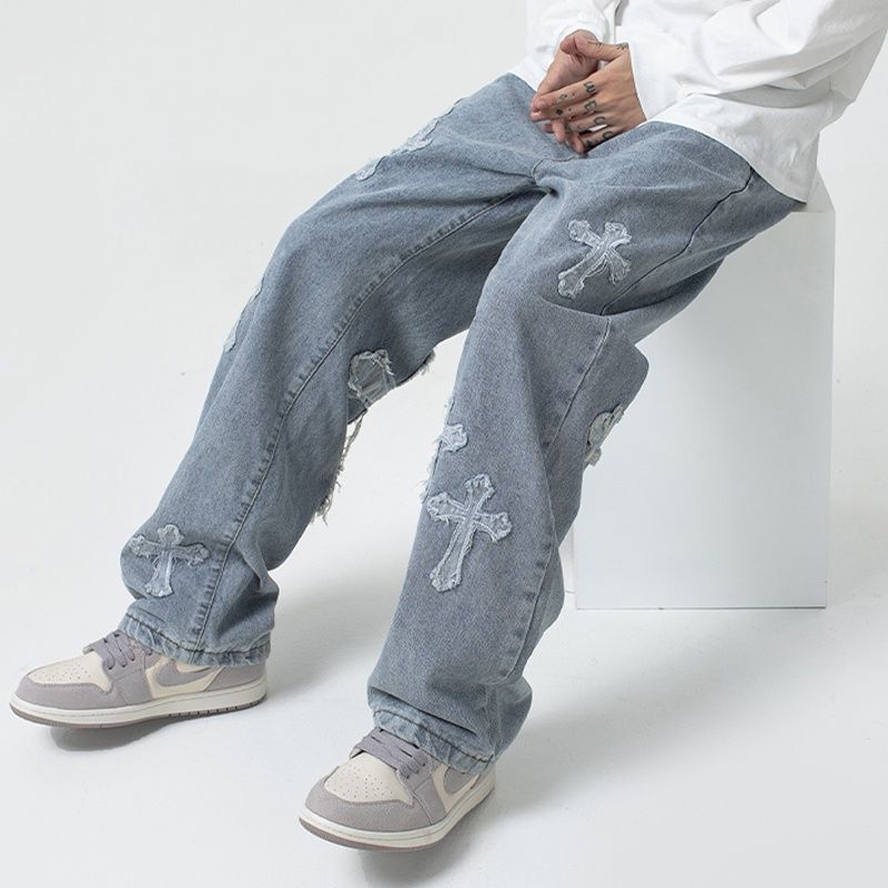 Cross Patch Wide-Leg Jeans — Hip-Hop Loose Fit
