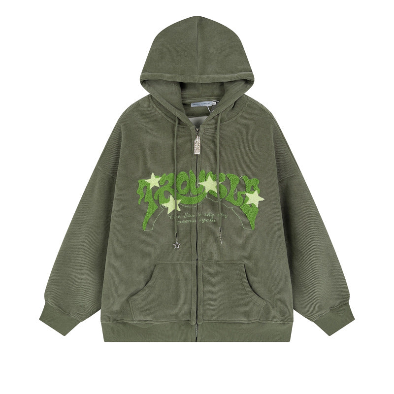 Letter Flocking Zip Hoodie — Unisex Loose Fit