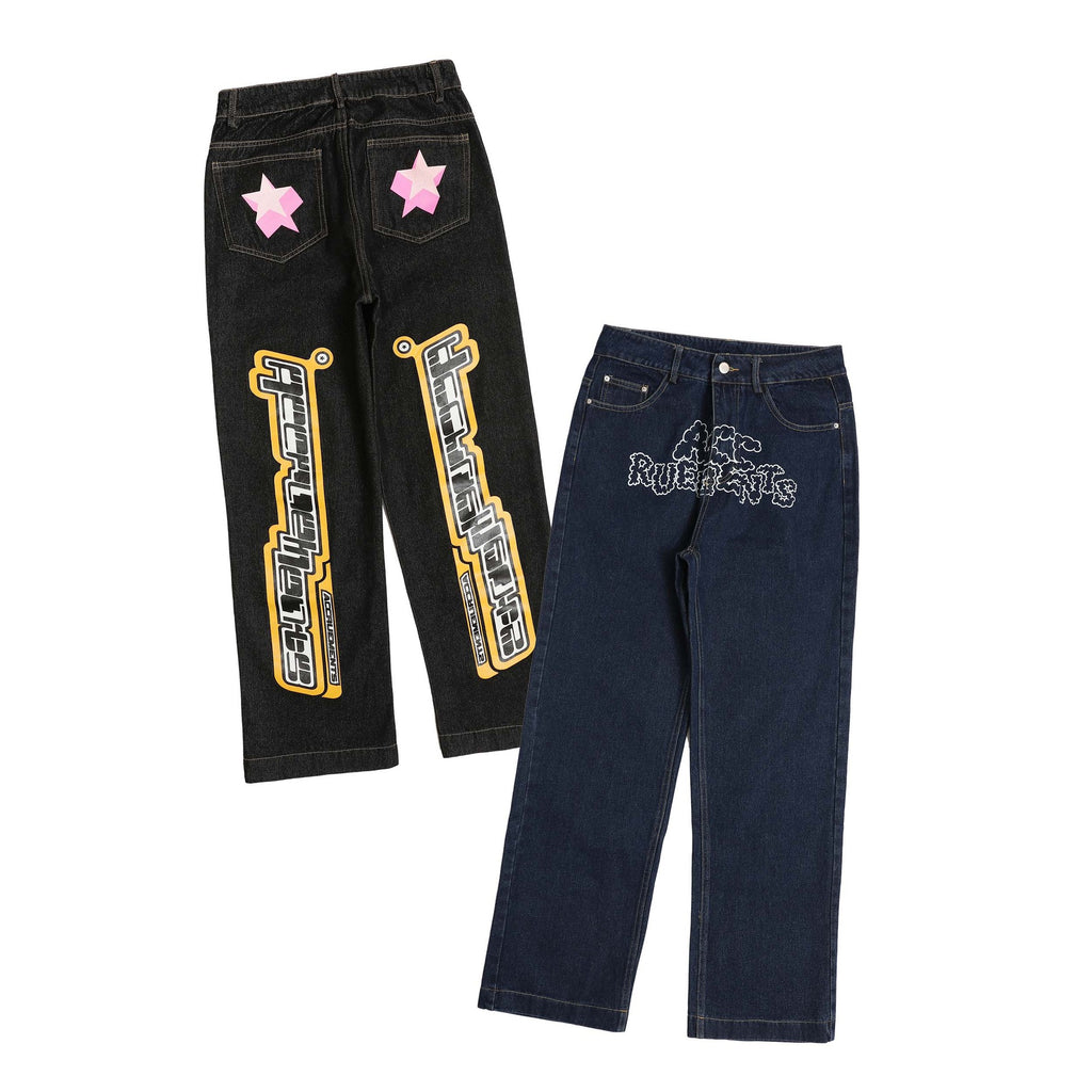 Star Letter Print Wide-Leg Jeans — Unisex High Street