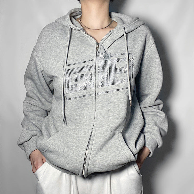 Letter Rhinestone Zip Hoodie — Fleece Lined Streetwear
