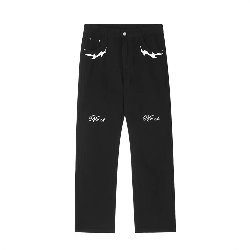 Hip-Hop Print Straight-Leg Jeans — Dark Loose Fit