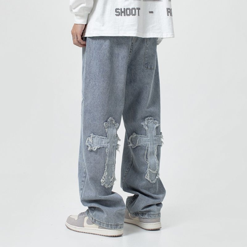 Cross Patch Wide-Leg Jeans — Hip-Hop Loose Fit