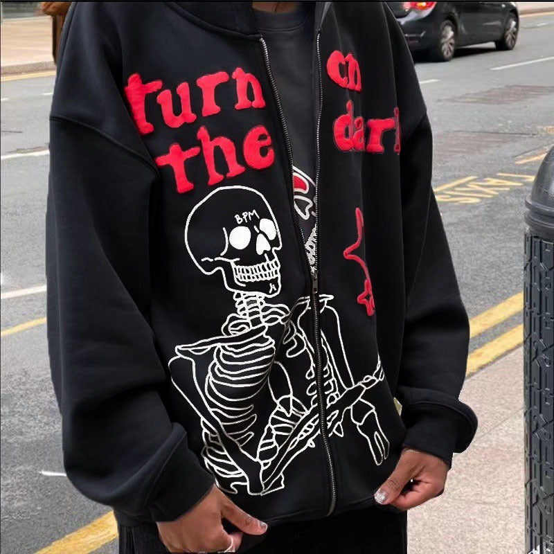 Printed Zip Fleece Hoodie — Unisex Loose Fit