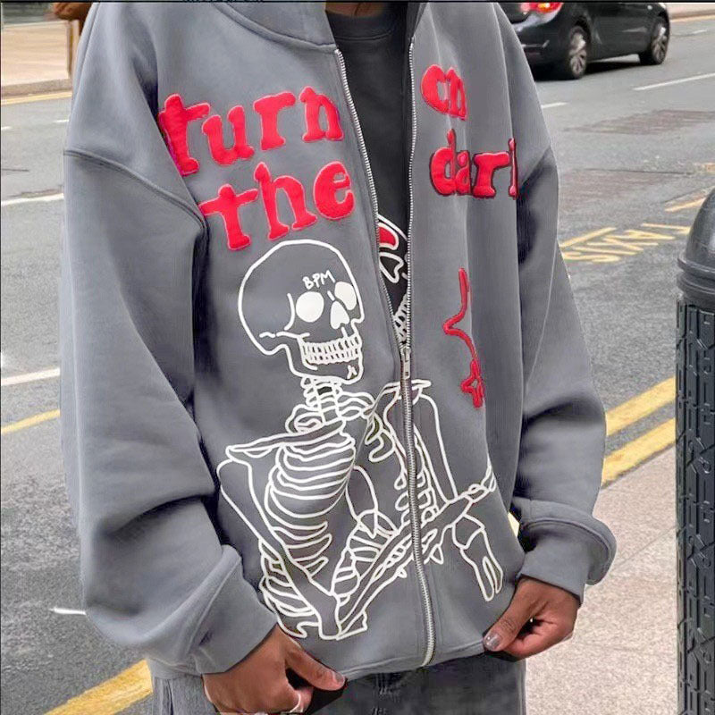 Printed Zip Fleece Hoodie — Unisex Loose Fit