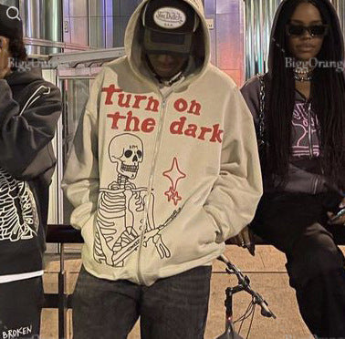 Printed Zip Fleece Hoodie — Unisex Loose Fit